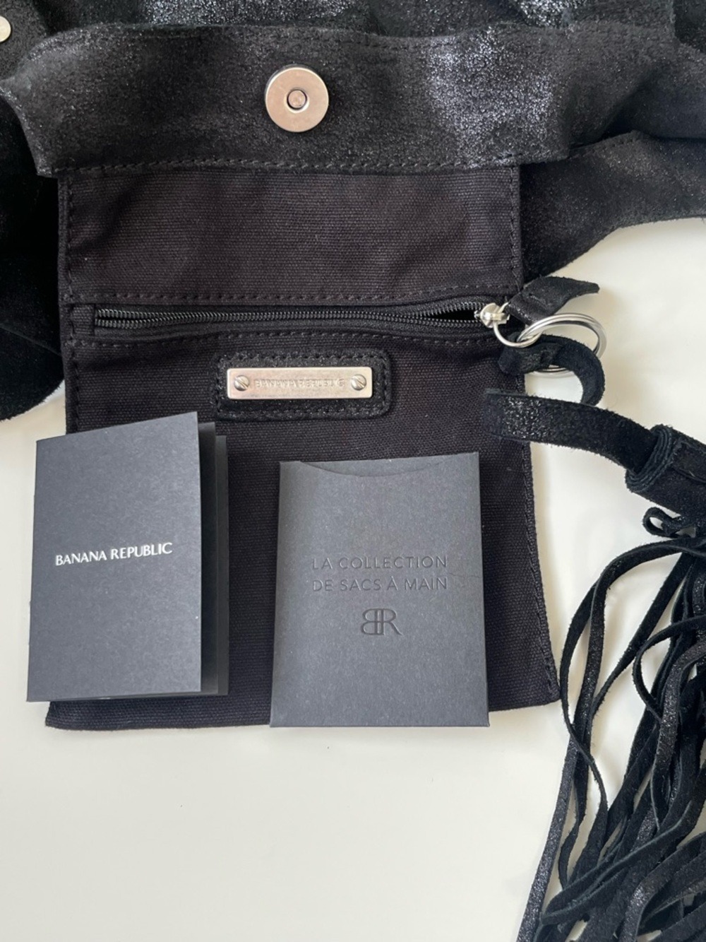 BANANA REPUBLIC Women Black Shimmer Leather Suede Tassel Tote Y2K 2010 - Picture 7 of 10